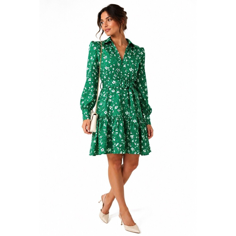 Karl Lagerfeld Paris Green Floral Belted Long Sleeve Fit & Flare Dress Size 8